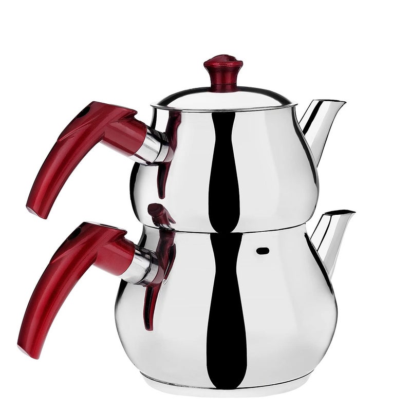 DESTALYA Turkish Teapot Set | Stainless Steel Double Tea Pots for Stove Top | Tea Maker with Strainer | Samovar Tea Kettle, Water Heater (Midi with Red Handles) - Image 1